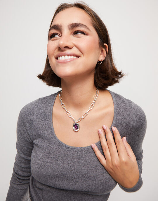 Short link chain pendant necklace pink crystal, Silver, large